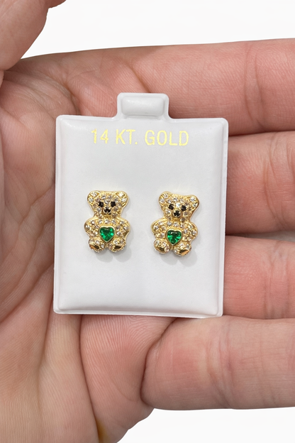 1204-NEW 14K Gold Teddy Bear Full Cz Green Earrings (10.5mm)W.G
