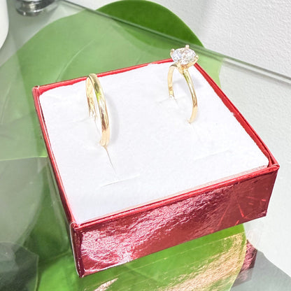 1127- NEW 14K Yellow Gold Solitaire Wedding Ring Set W.G