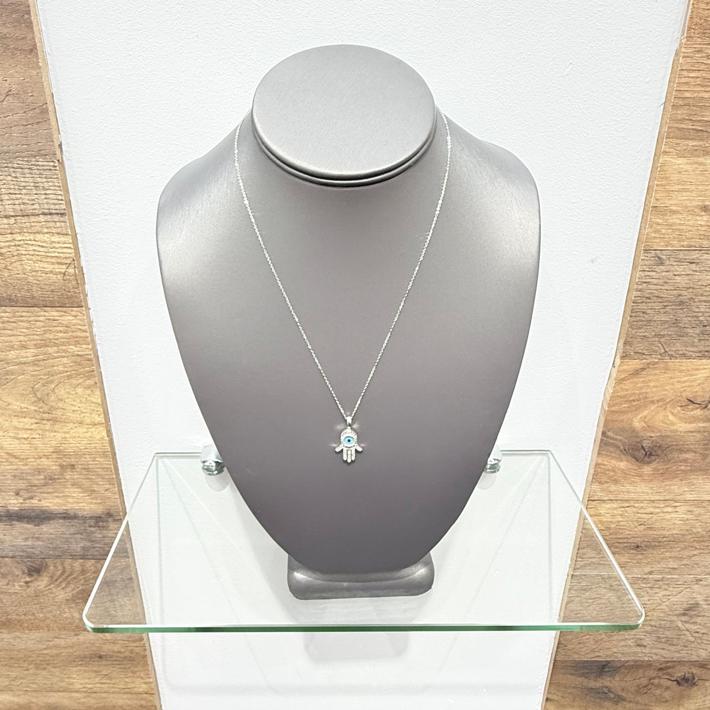 C30-14k White Gold Chain &  Hanssa Hand with evil eye Pendant SET (W.G)