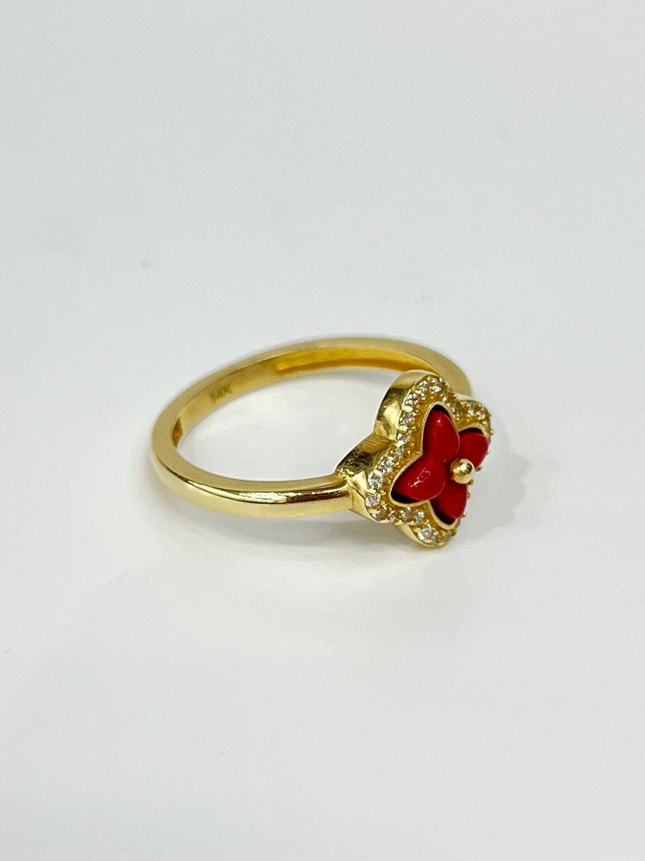 599-NEW 14K Red Trebol Gold Ring (W.G)