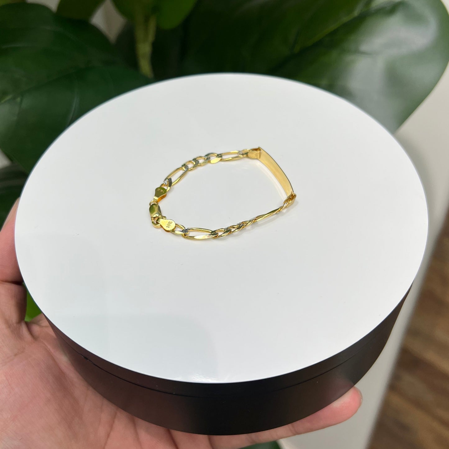 1236- 14K Solid Figaro ID Bracelet Two Tone W.G