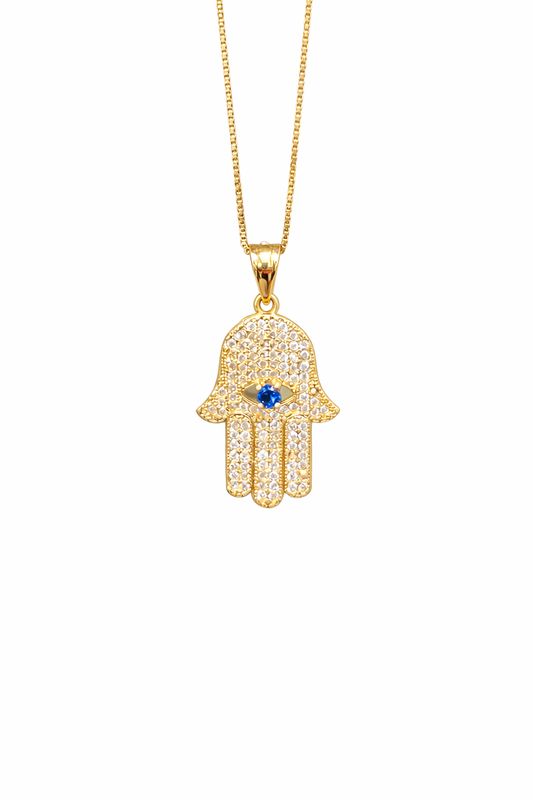 00198- NEW 14K Yellow Gold Full Cz Hamsa Hand Pendant W.G