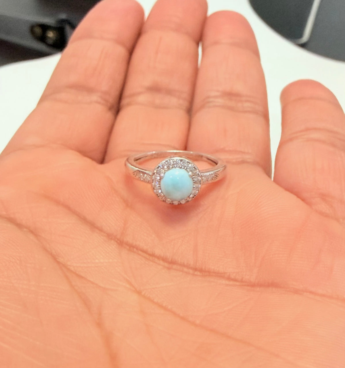 S891- NEW .925 Round Larimar Stone Ring (W.G)