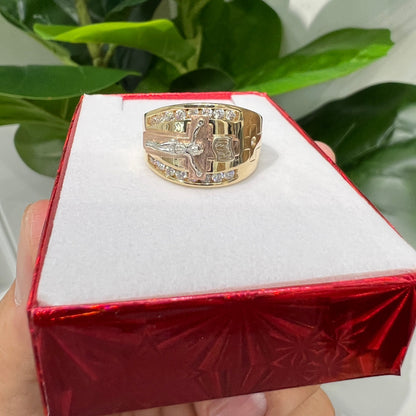 1262- NEW 14K Tri- Tone Crucifix Gold Ring W.G