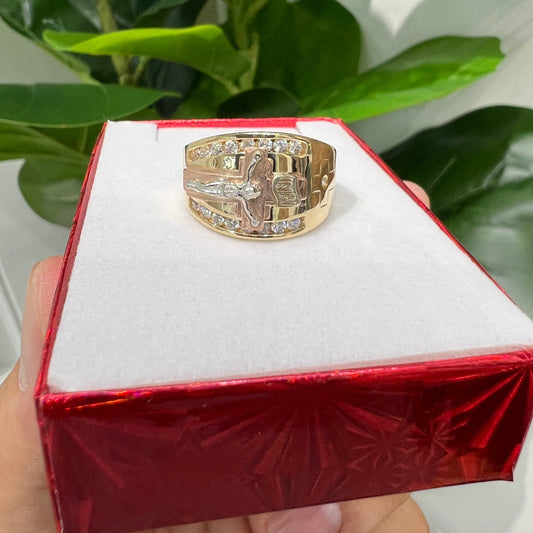 1262- NEW 14K Tri- Tone Crucifix Gold Ring W.G