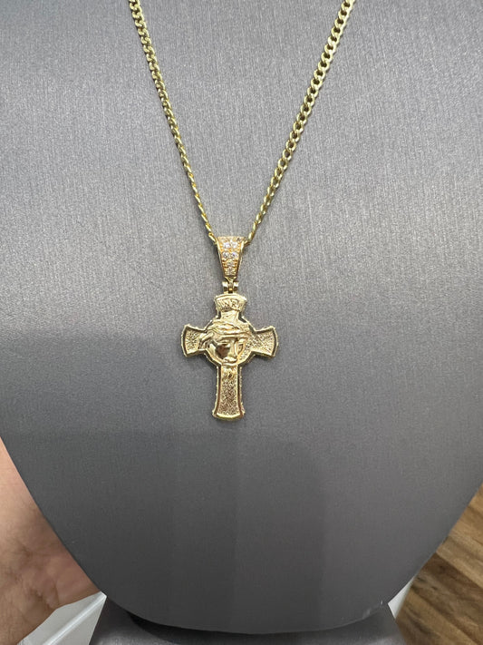 1295- NEW 14K Crucifix with Jesus face & Crown Pendant W.G