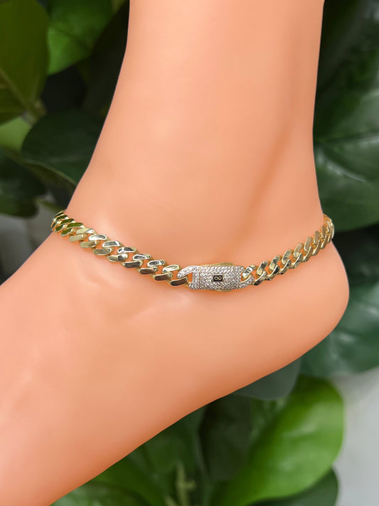 1084- NEW 14K Hollow Cuban Monaci Anklet 10” (7mm) W.G
