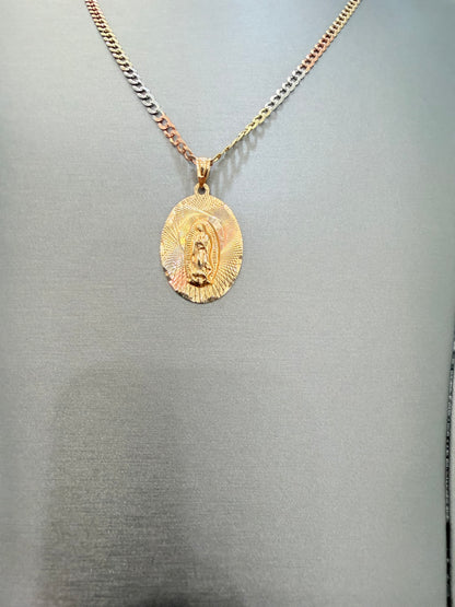 C77- NEW 14K Tri Tone Cuban Curb Chain 20” & 14K Tri Tone Virgin Mary Pendant