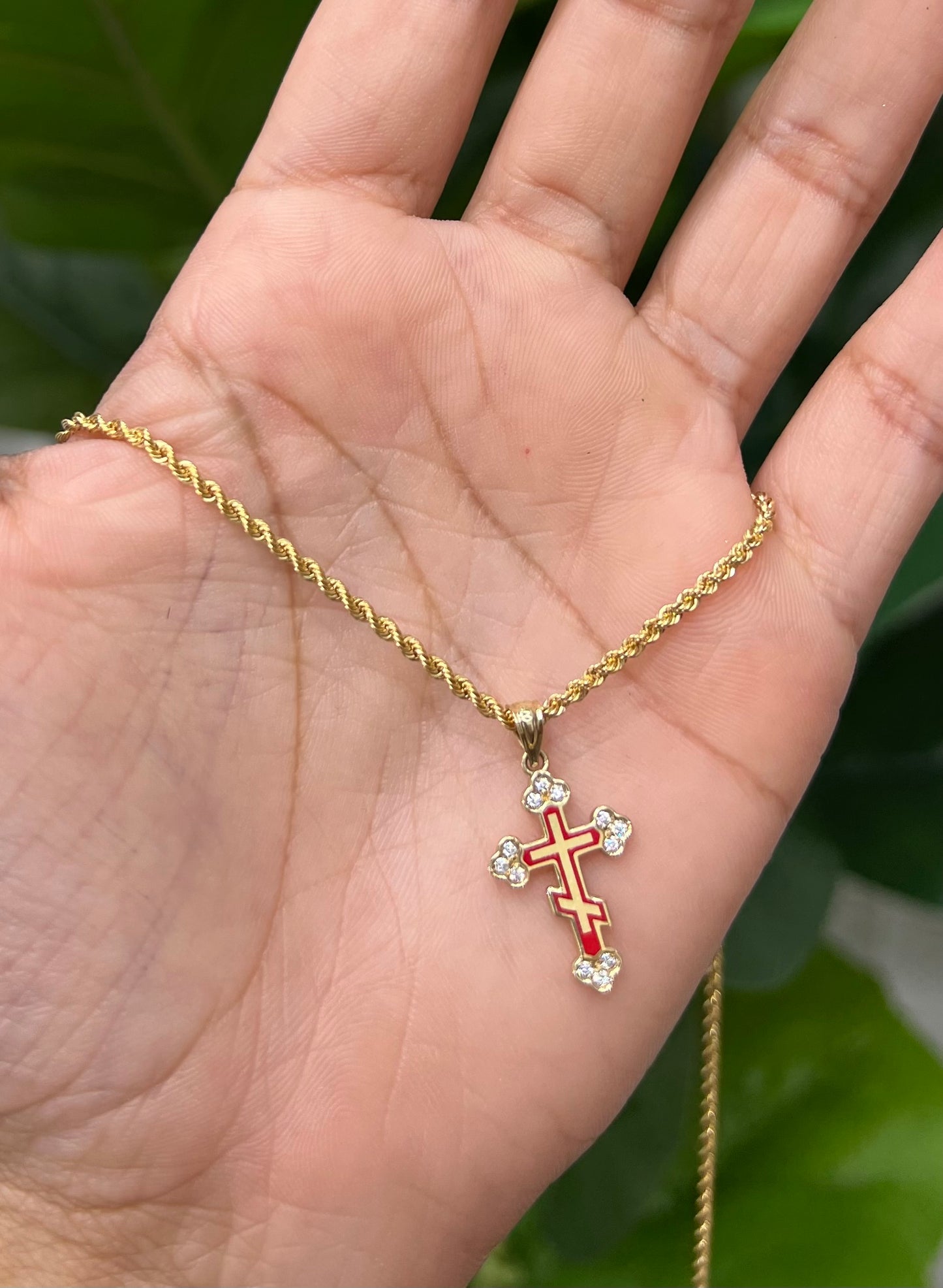 C10-NEW 14k Semi Solid Rope Chain and CZ Red Cross Pendant. W.G
