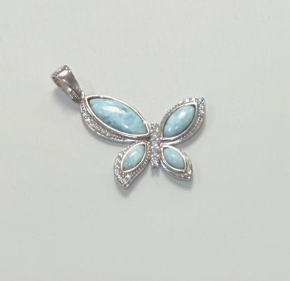 S906- .925 Sterling Silver Larimar Butterfly Pendant W.G