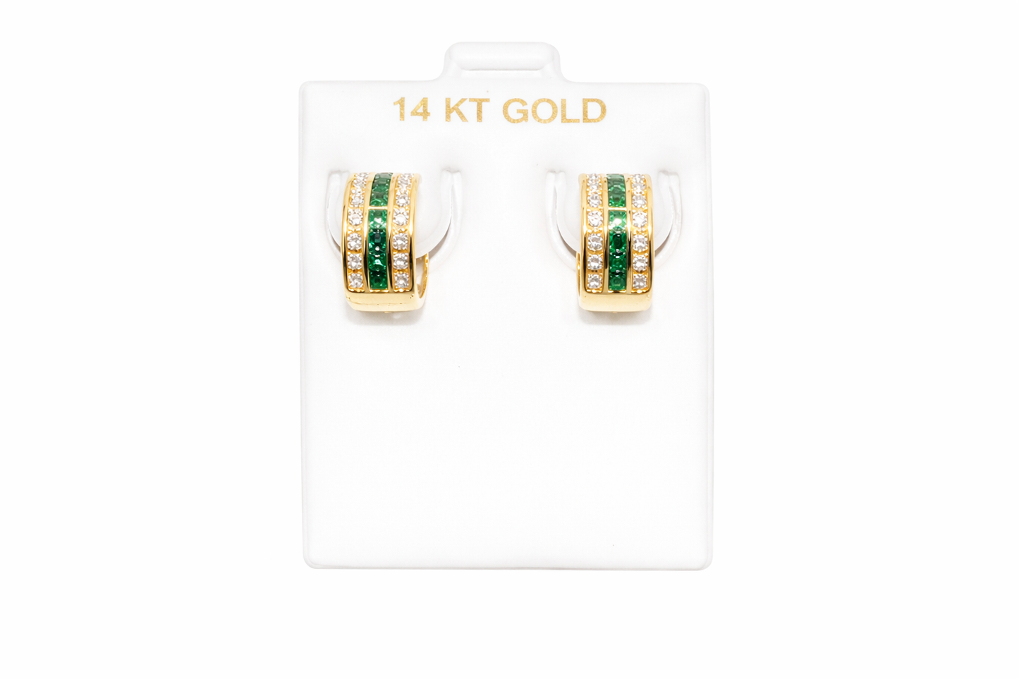 1090-NEW 14K Triple Row Huggies Cz Green & Clear Hoop Earrings (5x10mm) W.G