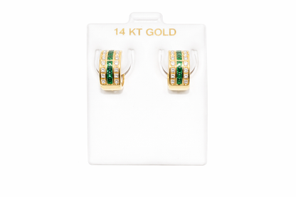 1090-NEW 14K Triple Row Huggies Cz Green & Clear Hoop Earrings (5x10mm) W.G