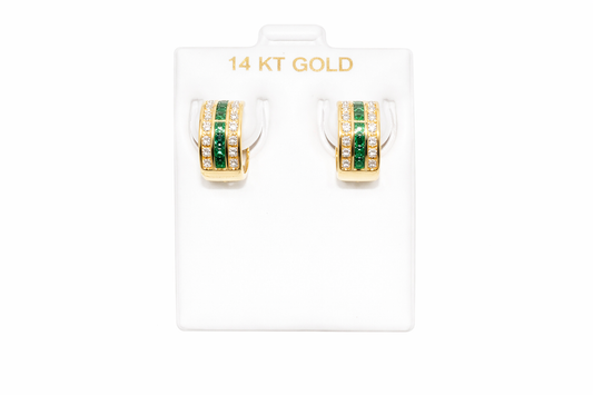 1090-NEW 14K Triple Row Huggies Cz Green & Clear Hoop Earrings (5x10mm) W.G