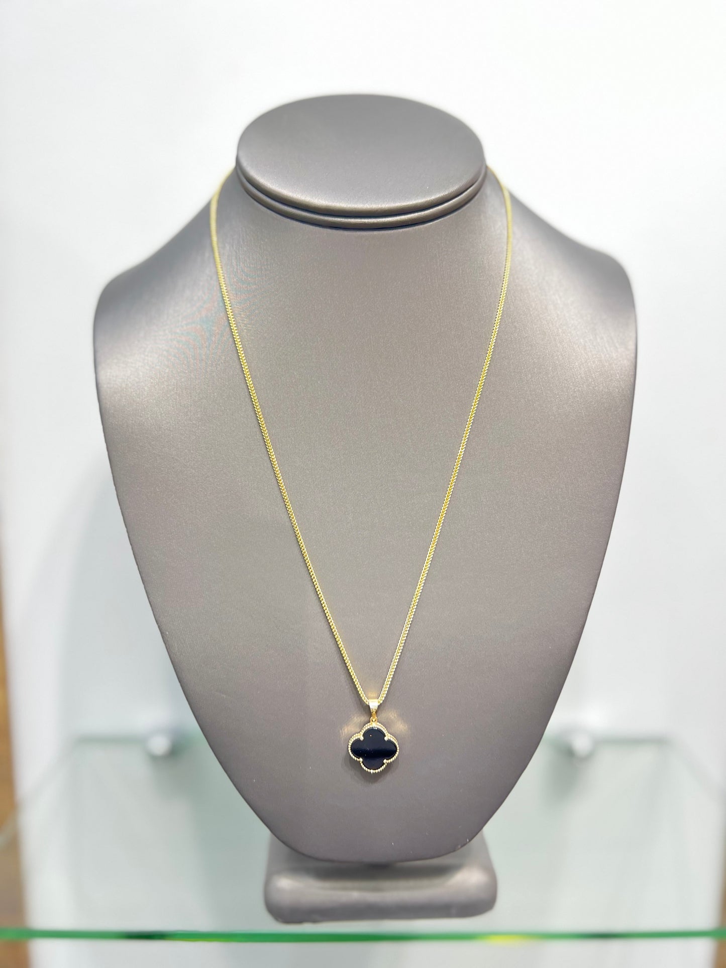 C9- NEW 14k Franco Chain & Black Clover Pendant SET W.G