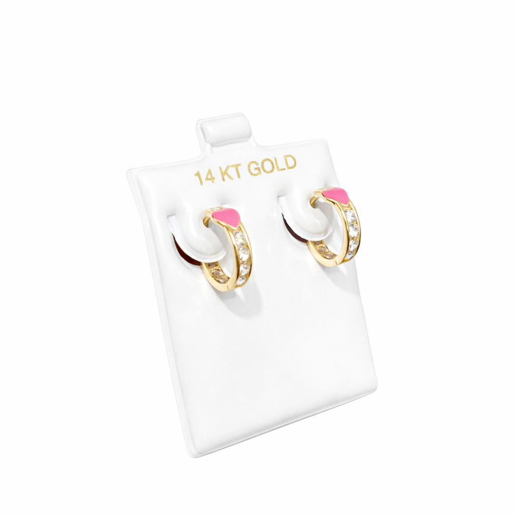 1550- NEW 14K Gold Huggies Pink Heart Hoop Earrings W.G