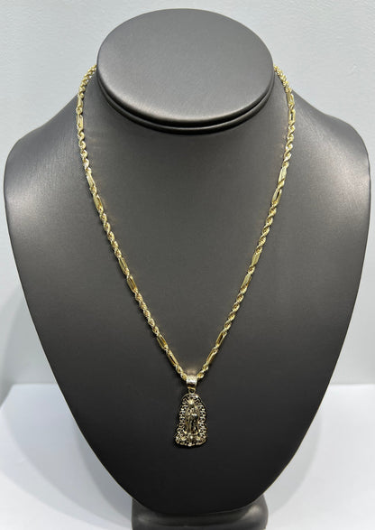 C58- NEW 10K Hollow Milano Chain & Virgin Mary Pendant SET W.G