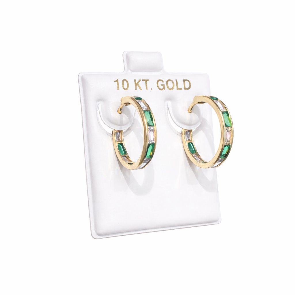 1109-NEW 10K Clear & Green Cz Hoop Earrings (18.2x2.7mm) W.G
