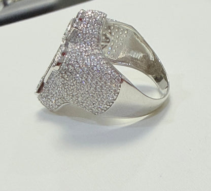 S399- .925 Sterling Silver Cross Clear CZ Studded Top 30mm Ring W.G