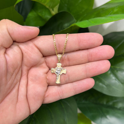 1294- NEW 14K Crucifix Two Tone Jesus Face & Crown W.G