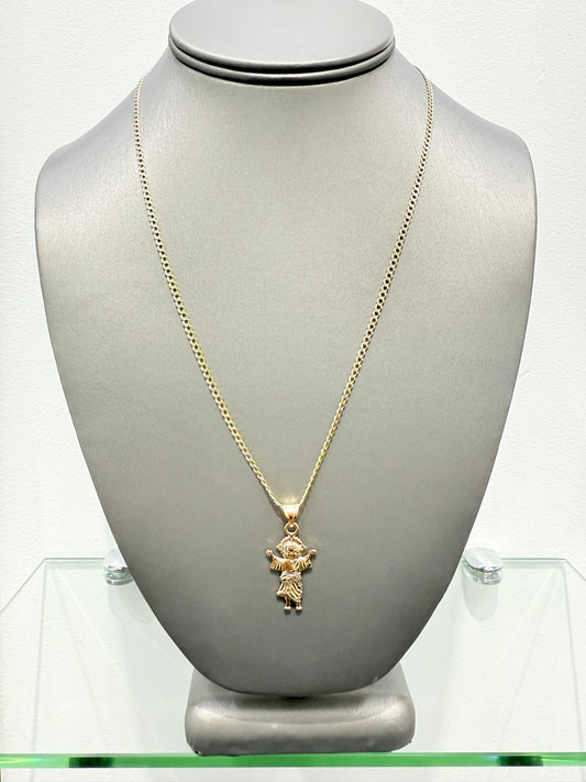 C32- NEW 14K Miami Cuban Chain Hollow two tone and Divine Child Jesus pendant SET