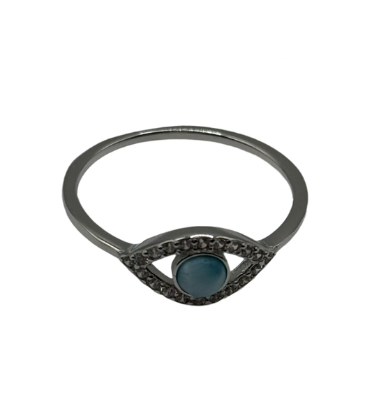 S885- NEW .925 Larimar Evil Eye Ring (W.G)