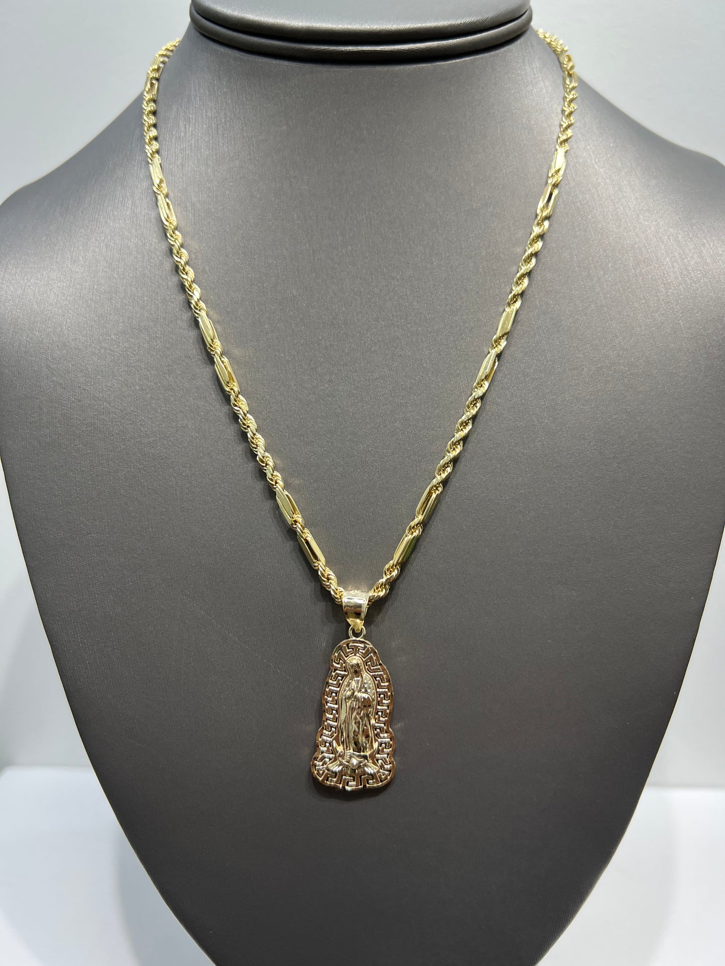 C58- NEW 10K Hollow Milano Chain & Virgin Mary Pendant SET W.G