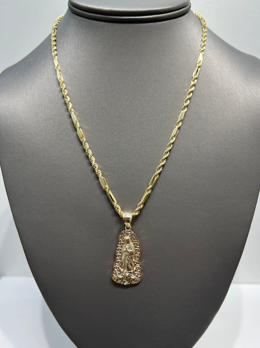 C58- NEW 10K Hollow Milano Chain & Virgin Mary Pendant SET W.G