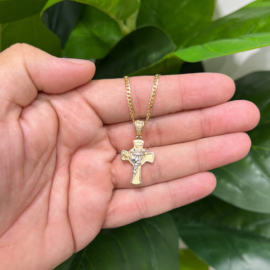 1294- NEW 14K Crucifix Two Tone Jesus Face & Crown W.G