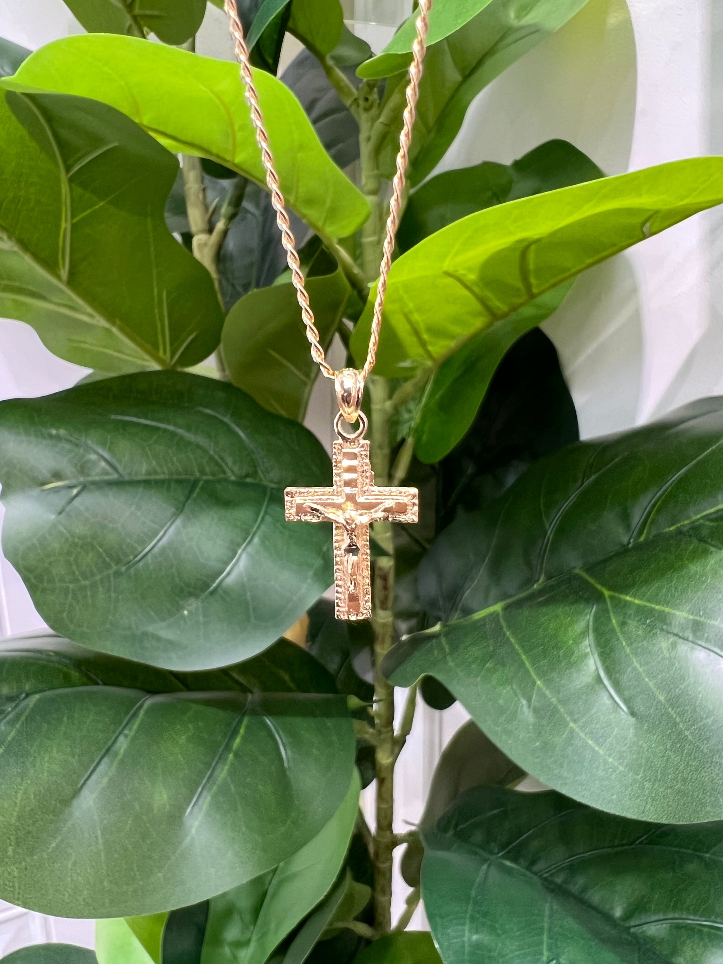 C56- NEW 10K Hollow Cuban Curb Chain & Crucifix Pendant SET W.G