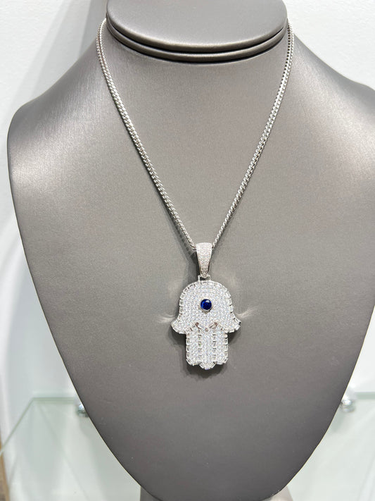 S421- .925 Sterling Silver Blue Full CZ  Hamsa Hand Pendant W.G
