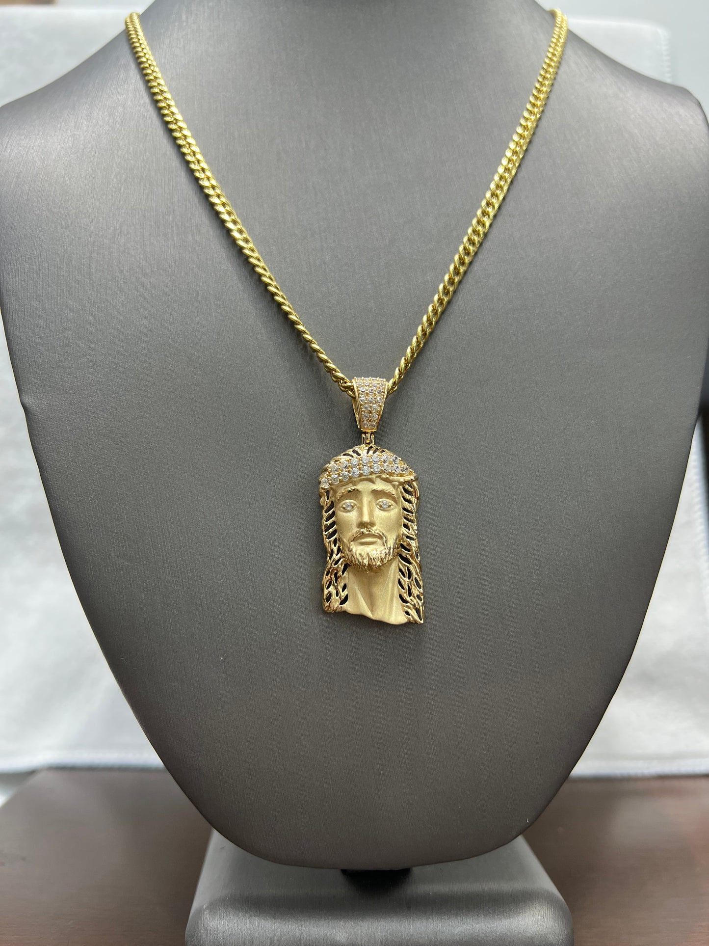 C69- NEW 14K Semi Solid Miami Cuban Chain 20" (3.90mm)+ Jesus Pendant Set  W.G