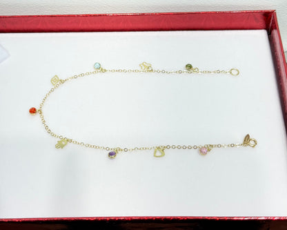 1157- NEW 14K Dangling Assorted Charms Anklet Bracelet W.G