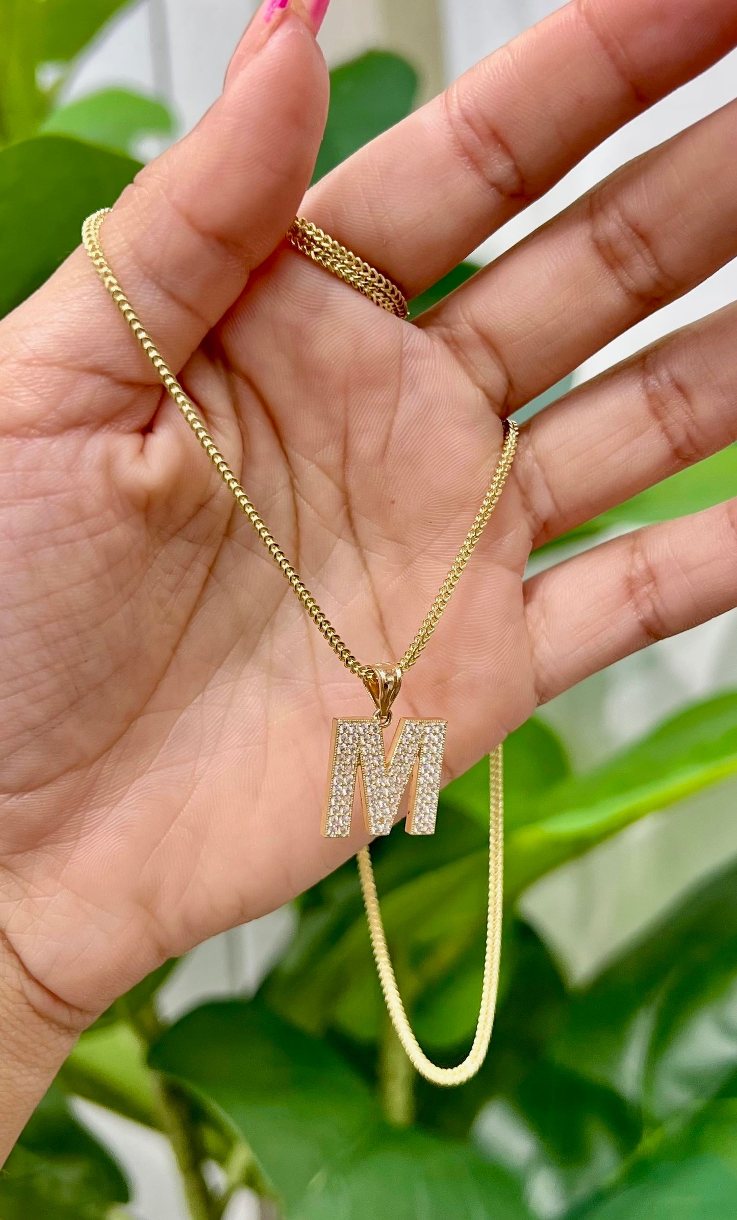 C14- NEW 14K Franco Chain and Letter M Pendant Set