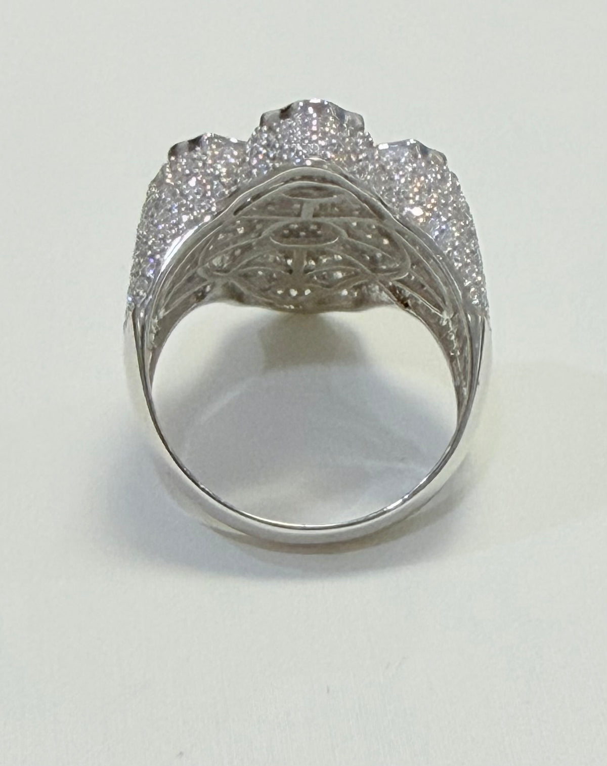 S399- .925 Sterling Silver Cross Clear CZ Studded Top 30mm Ring W.G
