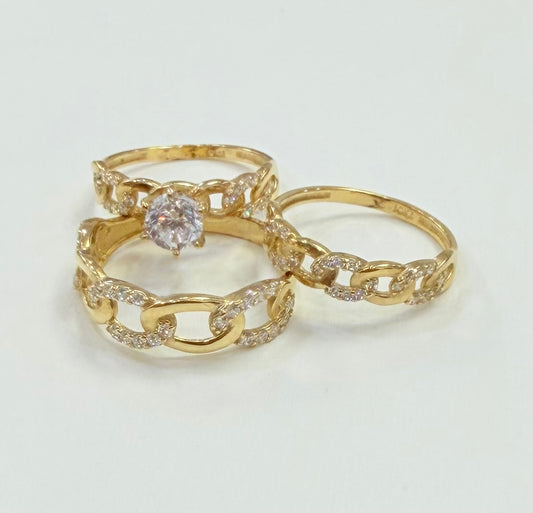 1374- NEW 10K Cuban Link Band Wedding Rings Trio W.G
