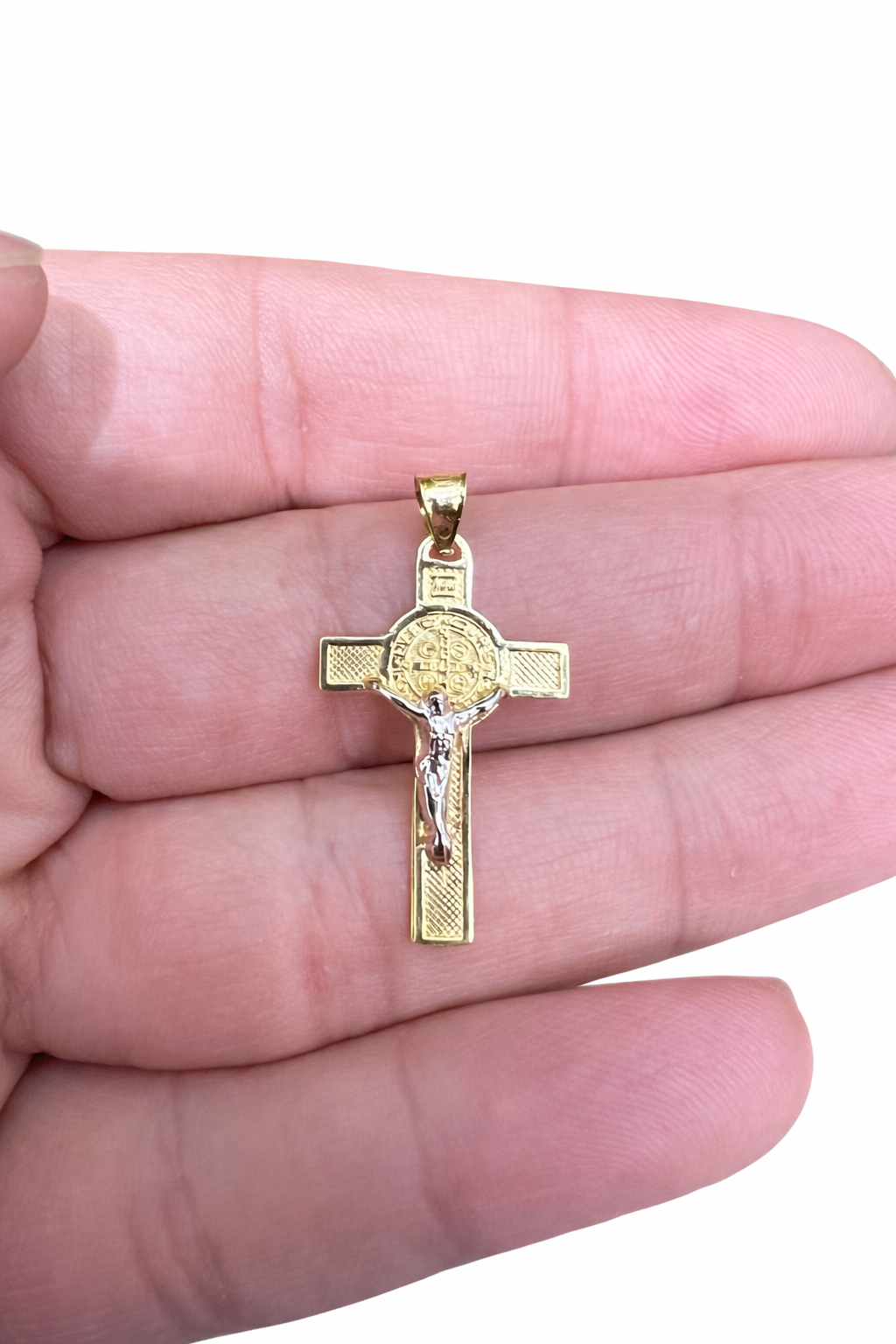 1563- NEW 10K San Benito Two-Sided Crucifix Cross Pendant W.G