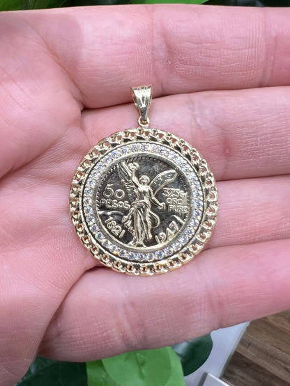 1646- NEW 10K Gold Centenario Coin Charm 50 Pesos Pendant W.G