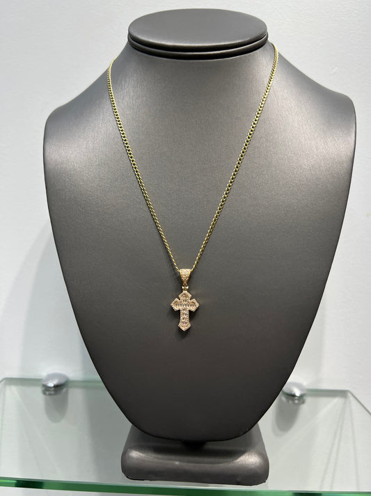 C47- NEW 14K Cuban Curb Chain 18” & Full Cz Cross Pendant Set