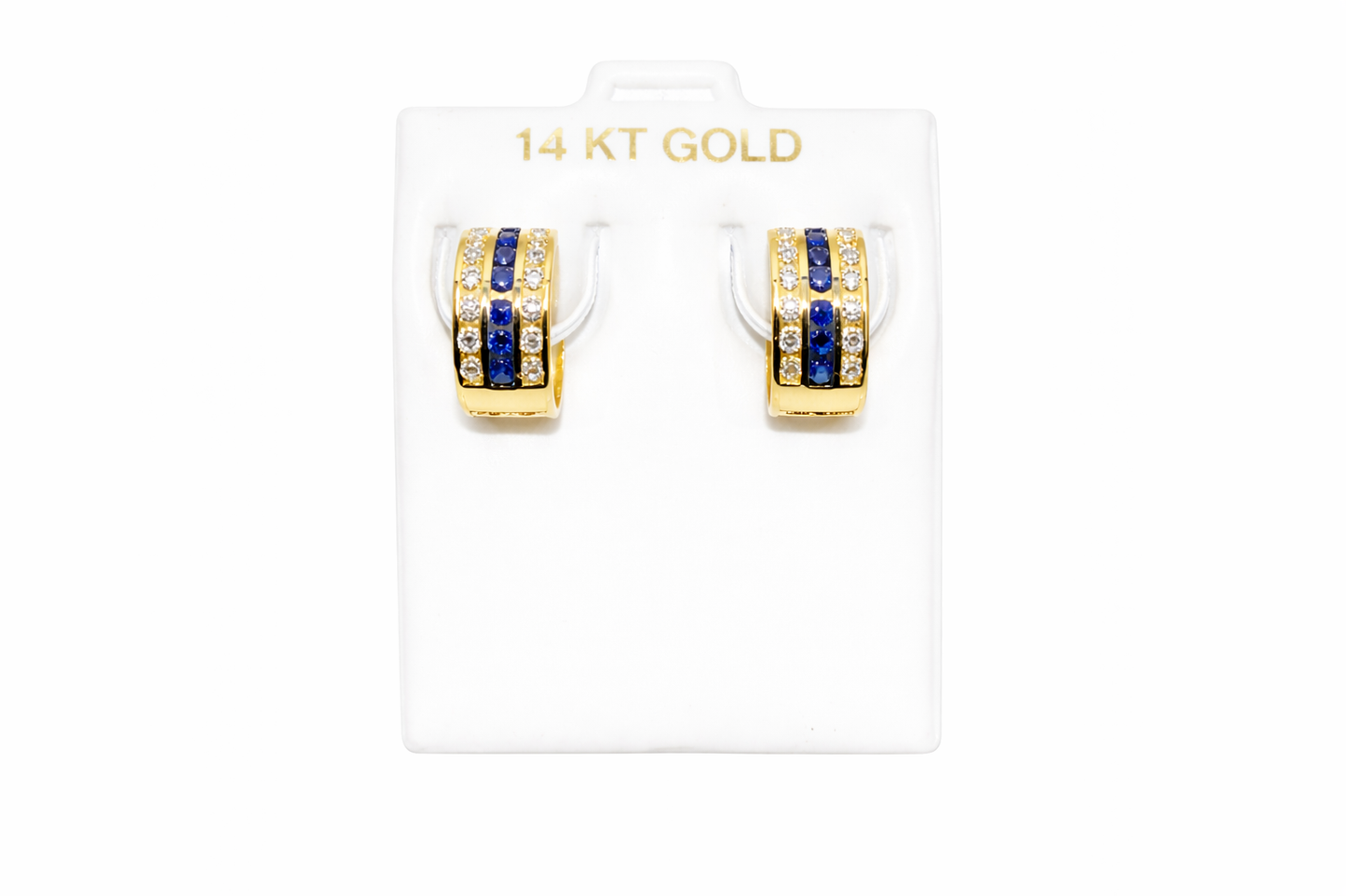 1089-NEW 14K Triple Row Huggies Cz Blue & Clear Hoop Earrings (5x10mm) W.G