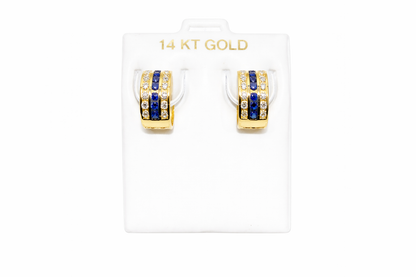 1089-NEW 14K Triple Row Huggies Cz Blue & Clear Hoop Earrings (5x10mm) W.G