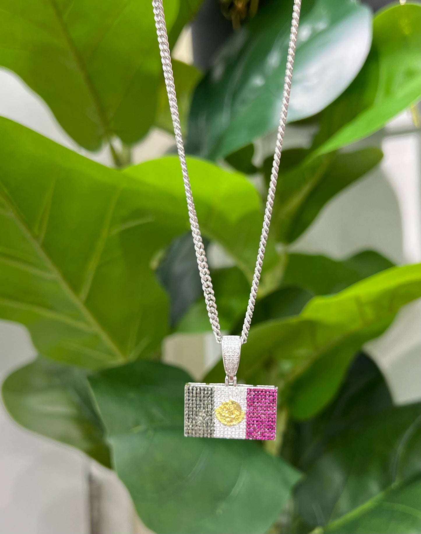 S634- NEW .925 Sterling Silver Square Mexican Flag Pendant W.G