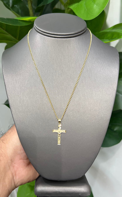 C54- NEW 10K Hollow Cuban Curb Two Tone & Crucifix Pendant SET W.G