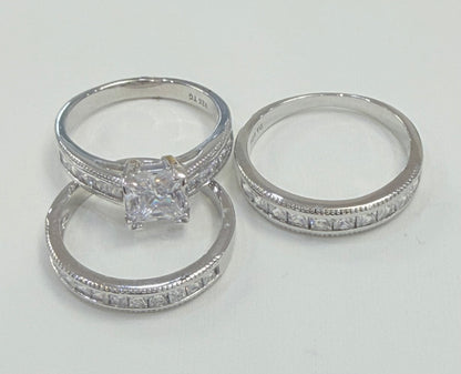 S1134- NEW .925 Sterling Silver Square Wedding Rings (3) Set W.G