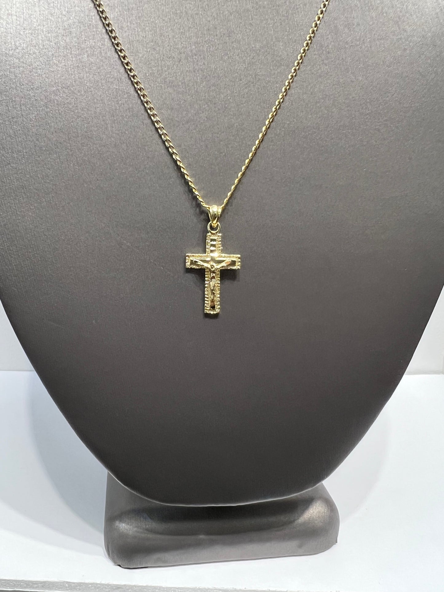 C56- NEW 10K Hollow Cuban Curb Chain & Crucifix Pendant SET W.G