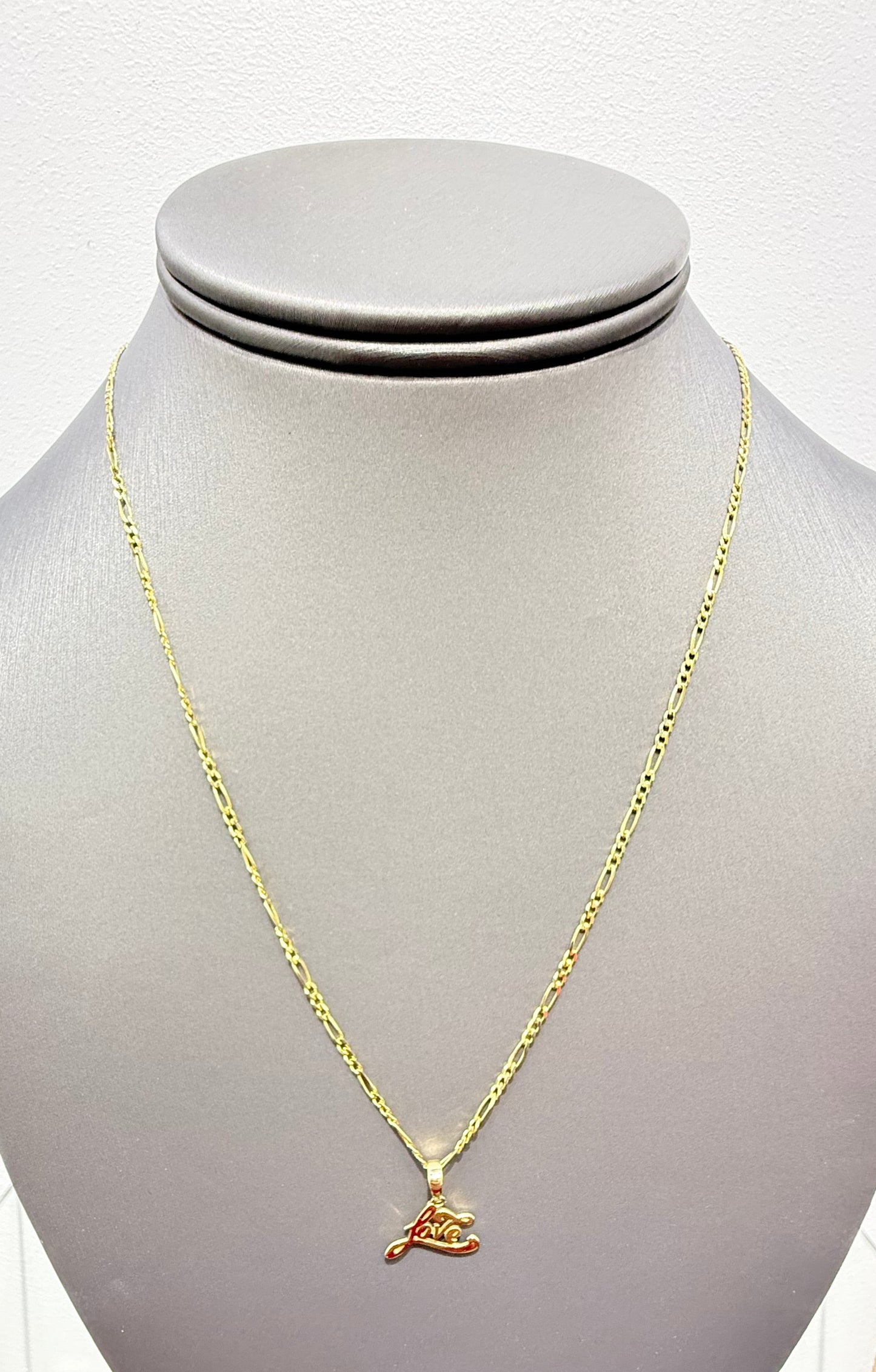 C29-14k Solid Figaro Chain 20” & Love Pendant SET(2mm)W.G