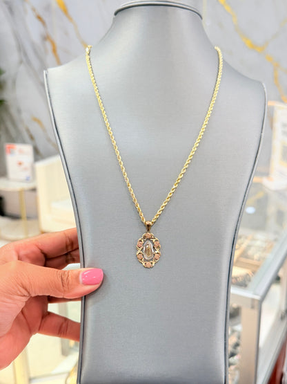 C78- NEW 14K Hollow Rope Chain 22” 3mm & 14K Tri Color Gold Our Lady of Guadalupe Pendant Set W.G