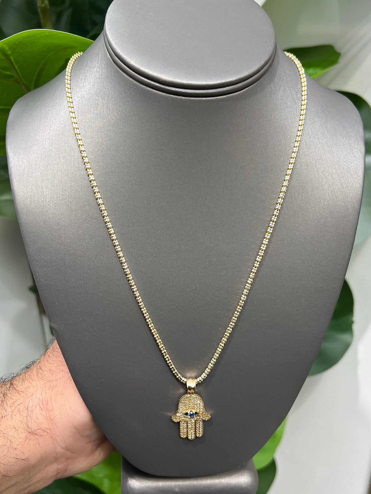 C13- NEW Ice Chain 22” (2.5mm) and Hamsa Hand Pendant Set W.G.