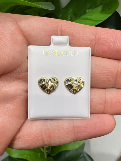 1668- NEW 10K Heart Shape Nugget Earrings (10.4x12.2mm) W.G