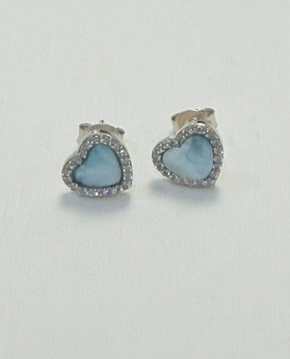 S902- NEW .925 Sterling Silver Heart Larimar Stud Earrings W.G