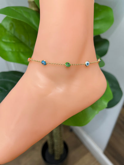 939- NEW 14K Evil Eye Colorful Anklet 10” (1.7mm)W.G
